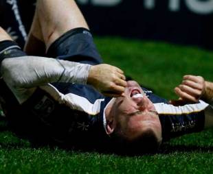Worcester's Chris Latham lies injured during their win over Newcastle at Sixways, November 21 2008