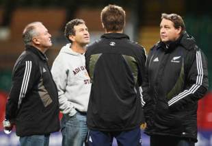 (L to R) Graham Henry head coach, Wayne Smith back line coach, Richie McCaw captain, and Steve Hansen forwards coach and of the All Blacks on the pitch during a New Zealand All Black Captain's Run at the Millennium Stadium in Cardiff, England on November 21, 2008.