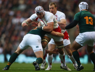 James Haskell of England tries to break through the South African defence during the Investec Challenge match between England and South Africa at Twickenham on November 22, 2008 in London, England.