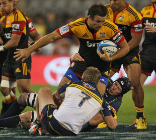 The Chiefs' Richard Kahui is shackled by the Brumbies' defence, Chiefs v Brumbies, Super Rugby, Waikato Stadium, Hamilton, New Zealand, March 16, 2012