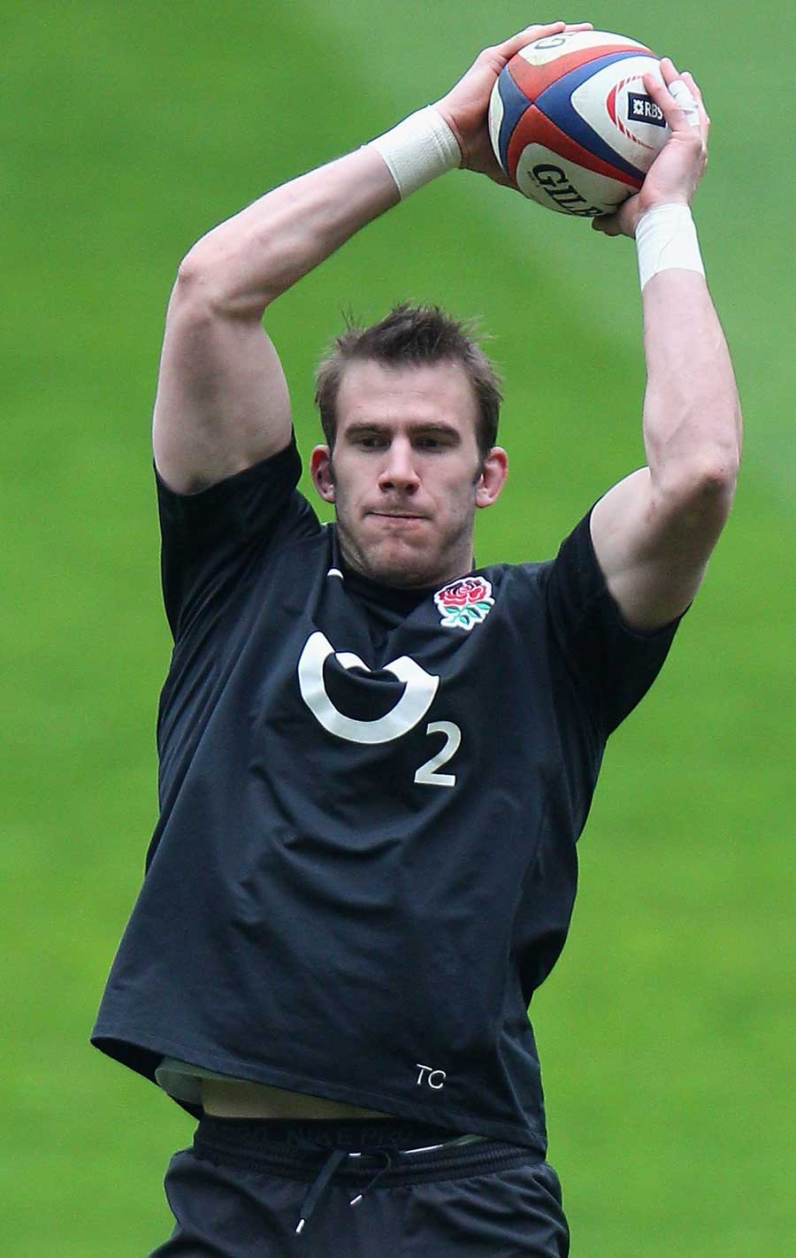 Tom Croft claims a lineout in training