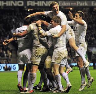 England celebrate Ben Youngs' score, England v Ireland, Six Nations, Twickenham, England, March 17, 2012