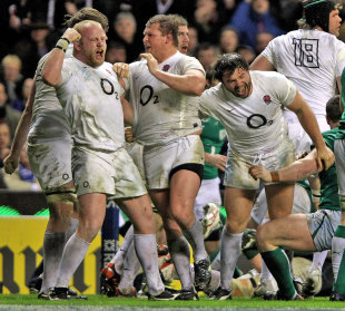 England's Dan Cole, Dylan Hartley and Alex Corbisiero celebrate a penalty try, England v Ireland, Six Nations, Twickenham, England, March 17, 2012