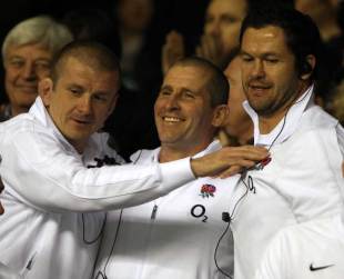 The England coaching trio celebrate the win, England v Ireland, Six Nations, Twickenham, England, March 17, 2012