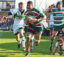 Leicester's Steve Mafi charges towards the try line