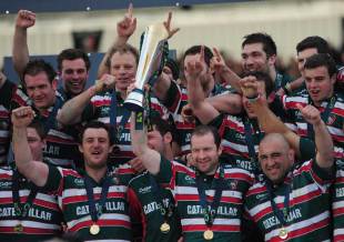 Geordan Murphy celebrates with the Anglo-Welsh Cup, Leicester v Northampton, Anglo-Welsh Cup Final, Sixways, Worcester, England, March 18, 2012