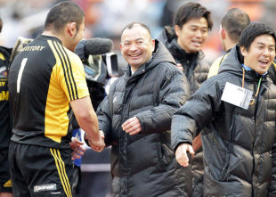 Suntory Sungoliath head coach Eddie Jones celebrates victory in the Japan Rugby Championship Final, Suntory Sungoliath v Panasonic Wildknights, National Stadium, Tokyo, Japan, March 18, 2012