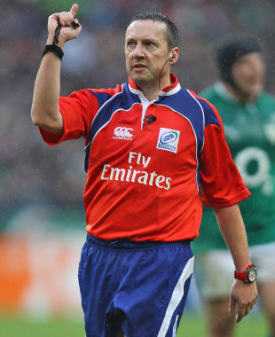 Referee Dave Pearson signals a decision, France v Ireland, Six Nations, Stade de France, Paris, France, March 4, 2012