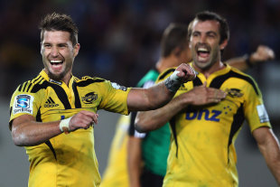 The Hurricanes' Cory Jane and Conrad Smith celebrate victory, Blues v Hurricanes, Super Rugby, Eden Park, Auckland, New Zealand, March 23, 2012
