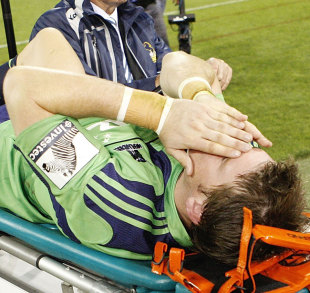 Highlanders fly-half Colin Slade is taken off the field with a suspected broken leg, Brumbies v Highlanders, Super Rugby, Canberra Stadium, Canberra, Australia, March 24, 2012
