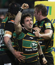 Northampton's Martyn Thomas celebrates a try against Wasps