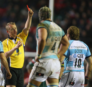 Referee Wayne Barnes shows Andy Goode a red card, Leicester Tigers v Worcester Warriors, Aviva Premiership, Welford Road, Leicester, England, March 30, 2012