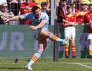 Perpignan fly-half James Hook kicks for goal