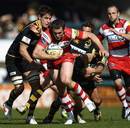 Gloucester centre Tim Molenaar is swamped by the Wasps defence