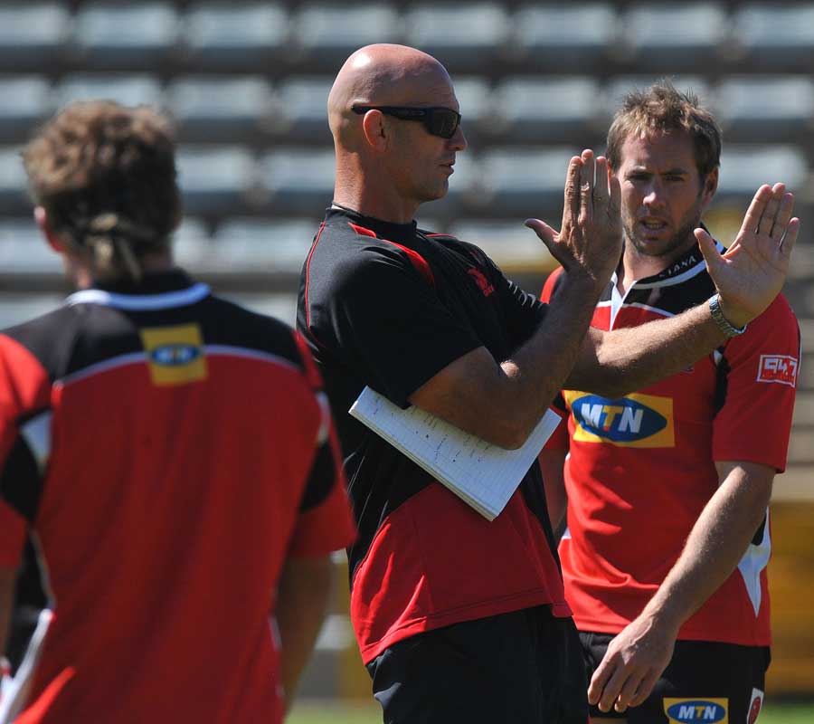 Lions coach John Mitchell issues instructions to fly-half Butch James, Lions training session, Johannesburg Stadium, Johannesburg, April 4, 2012