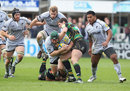 Thomas Waldrom is tackled by James Downey during the Aviva Premiership match between Northampton Saints and Leicester Tigers
