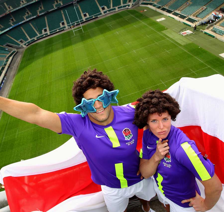 England Sevens' Chris Cracknell and Michaela Staniford show off the new shirt
