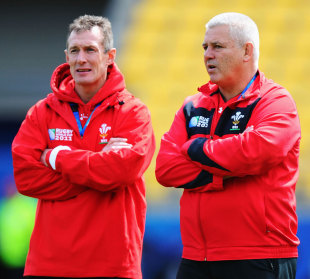 Wales coach Warren Gatland and assistant Rob Howley, Wales training session, Wellington Regional Stadium, Wellington, New Zealand, October 7, 2011
