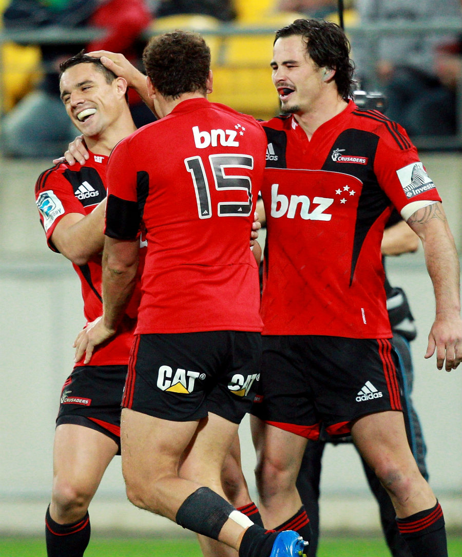 The Crusaders' Dan Carter is congratulated on a try