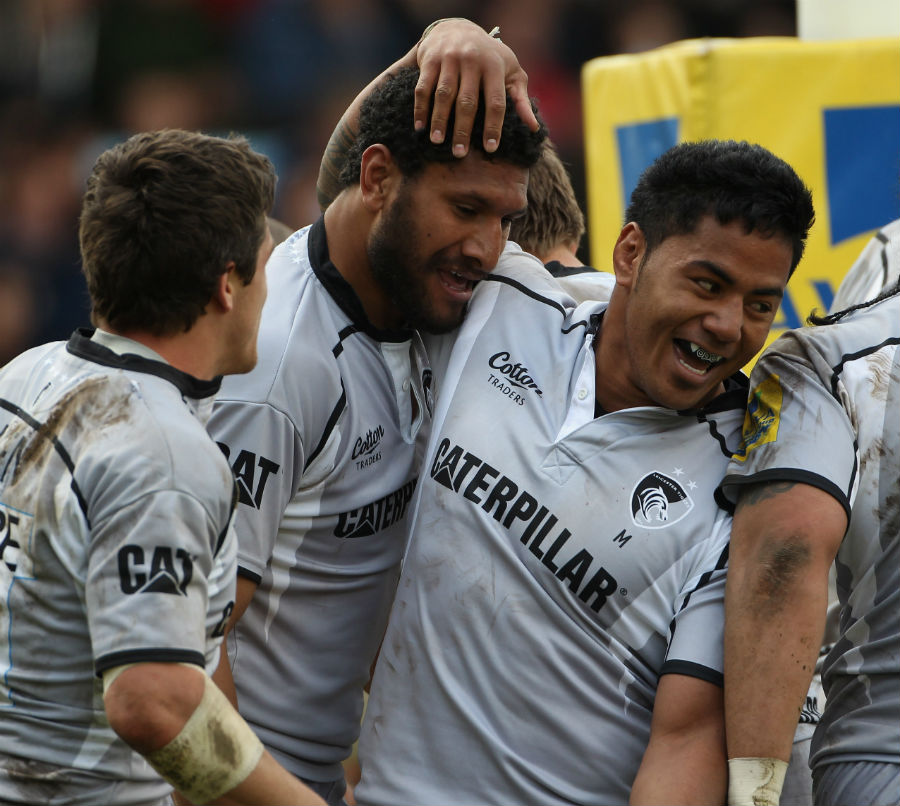 Leicester's Steve Mafi is congratulated on a try