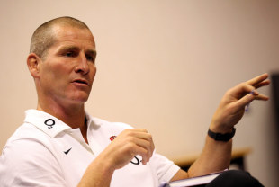 Stuart Lancaster, the England head coach, faces the media at a conference held at Loughborough University, May 1, 2012