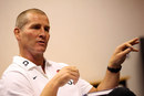 Stuart Lancaster  faces the media at a conference held at Loughborough University