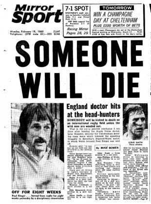 Newspaper reaction after Welsh flanker Paul Ringer was sent off, England v Wales, Twickenham, England, February 16, 1980