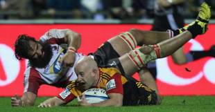 The Chiefs' Brendon Leonard goes over against the Lions, Chiefs v Lions, Super Rugby, Pukekohe, New Zealand, May 5, 2012