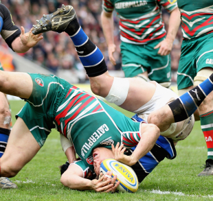 Leicester's Anthony Allen touches down against Bath, Leicester v Bath, Aviva Premiership, Welford Road, Leicester, England, May 5, 2012