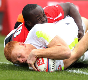 England's James Rodwell forces his way over for a try, England v Kenya, Glasgow 7s, HSBC Sevens World Series, Scotstoun Stadium, Glasgow, Scotland, May 5, 2012 
