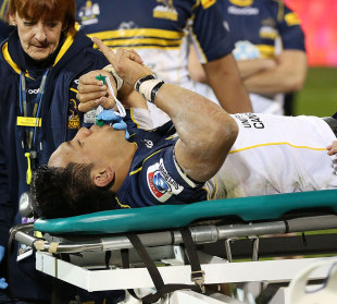 The Brumbies' Christian Lealiifano is stretchered from the field, Brumbies v Waratahs, Super Rugby, Canberra Stadium, Canberra,  Australia, May 5, 2012