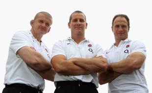 England's three-man coaching team: Graham Rowntree, Stuart Lancaster and Mike Catt, Loughborough University, May 10, 2012