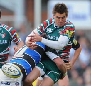 Leicester's Toby Flood feels the force of Carl Fearns, Leicester v Bath, Aviva Premiership, Welford Road, Leicester, England, May 5, 2012