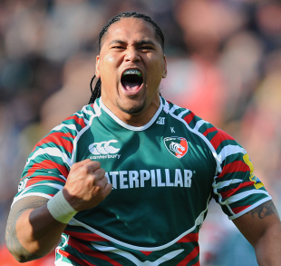 Leicester's Alesana Tuilagi celebrates a try, Leicester v Saracens, Aviva Premiership semi-final, Welford Road, Leicester, England, May 12, 2012