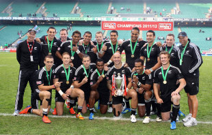 New Zealand pose with the HSBC Sevens World Series trophy