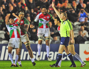 Biarritz' Talalelei Gray leads the celebrations at the final whistle, Toulon v Biarritz, Amlin Challenge Cup final, Twickenham Stoop, London, England, May 18, 2012