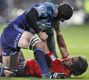 The Blues' Ali Williams and the Crusaders' Sam Whitelock come to blows, Crusaders v Blues, Super Rugby, AMI Stadium, Christchurch, New Zealand, May 19, 2012