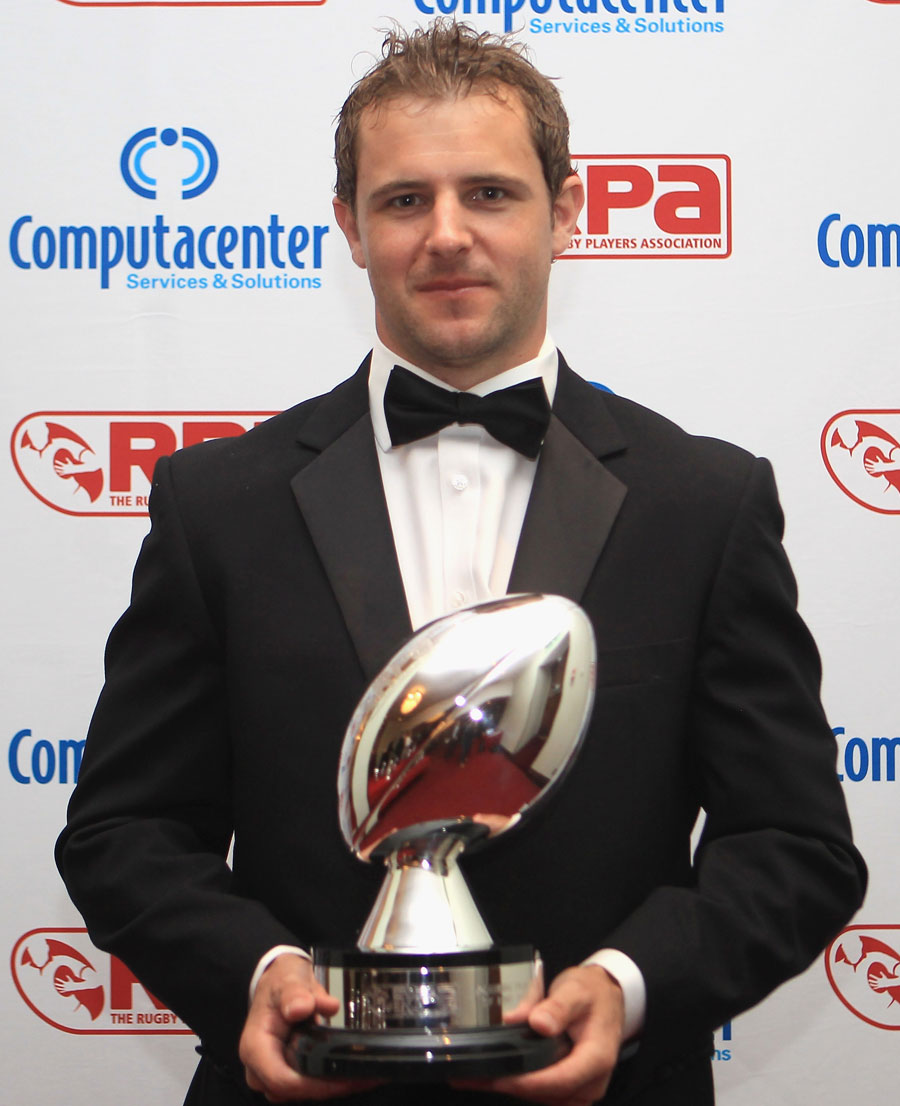 Harlequins' Nick Evans poses with the RPA Players' Player of the Year award
