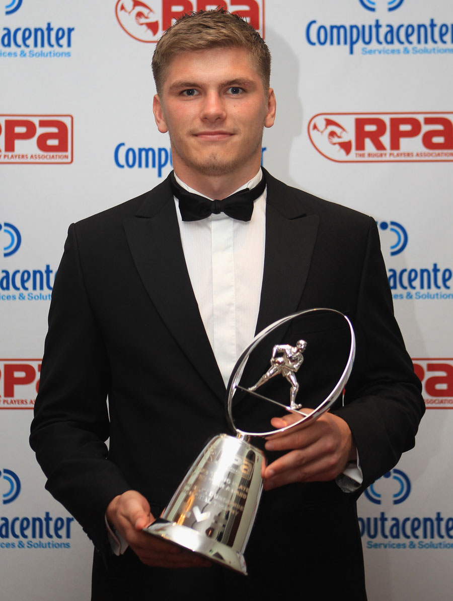 Saracens' Owen Farrell poses with the RPA Young Player of the Year award