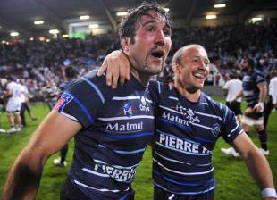 Castres' Romain Cabannes and Thomas Sanchou celebrate victory, Castres v Montpellier, Top 14, Stade Ernest Wallon, Toulouse, May 25, 2012