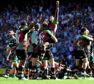 Harlequins wing Ugo Monye leads the celebrations at the final whistle, Harlequins v Leicester Tigers, Aviva Premiership Final, Twickenham, England, May 26, 2012