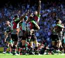 Harlequins wing Ugo Monye leads the celebrations at the final whistle