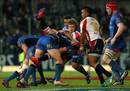 The Lions' Ruan Combrinck is upended by a Force tackle
