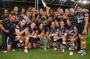 The Kiwis pose for a team shot after winning the 2008 Rugby League World Cup Final match between the Australian Kangaroos and the New Zealand Kiwis at Suncorp Stadium in Brisbane, Australia on November 22, 2008.