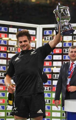 Richie McCaw captain of the All Blacks lifts the winners trophy following the match between Wales and the New Zealand All Blacks at the Millennium Stadium in Cardiff, United Kingdom on November 22, 2008.