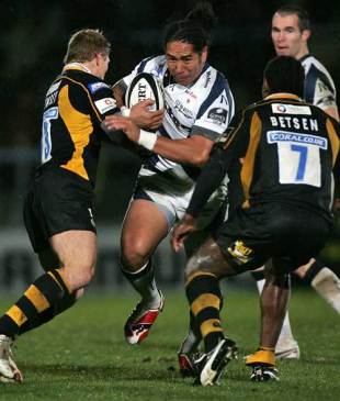 Anitele'a Tuilagi of Sale battles with Josh Lewsey and Serge Betsen of Wasps during the Premiership match between London Wasps and Sale Sharks at Adams Park in High Wycombe, England on November 23, 2008. 