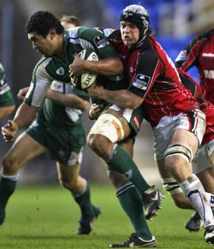 Chris Hala'Ufia of London Irish is tackled by Tom Ryder of Saracens during the Premiership match between London Irish and Saracens at The Madejeski Stadium in Reading, England on November 23, 2008.