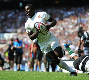 England's Christian Wade celebrates his first senior start with a try, England v Barbarians, Twickenham, England, May 27, 2012