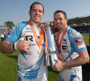 Ospreys' Paul James and Shane Williams celebrate with the PRO12 silverware