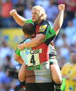 Quins' Ollie Kohn and Joe Marler celebrate victory over Leicester